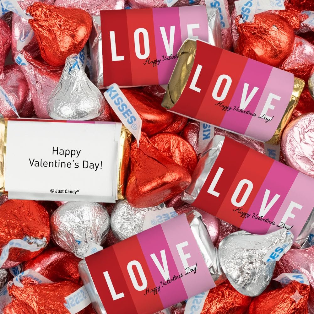 1.52lb Valentine?s Day Love Blocks Chocolate Mix - Wrapped Assorted Miniatures & Love Mix Milk Chocolate Kisses For Party Favors, Gifting, Dessert Tables & More
