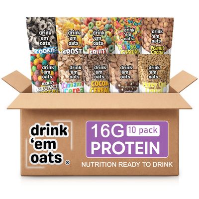 Drink 'em Oats Ready-to-Drink Oatmeal Variety Pack 10 Pouches, Gluten-Free, Non-GMO, Dairy-Free, Plant-Based Breakfast Drink (No Shaker Bottle)