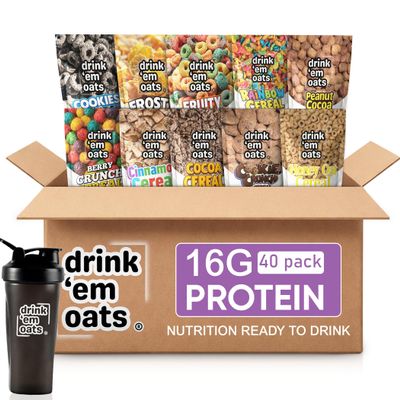 Drink 'em Oats Ready-to-Drink Oatmeal Variety Pack 40 Pouches, Gluten-Free, Non-GMO, Dairy-Free, Plant-Based Breakfast Drink with Shaker Bottle