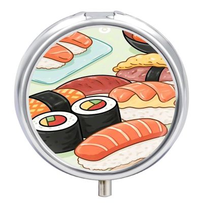 Cute Sushi Pill Case with Mirror Retro 3 Compartment Small Pill Organizer Metal Round Pill Box Or Vitamins Fish Oil Supplements Pill Container Travel for Purse Pocket