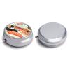 Cute Sushi Pill Case with Mirror Retro 3 Compartment Small Pill Organizer Metal Round Pill Box Or Vitamins Fish Oil Supplements Pill Container Travel for Purse Pocket view 3