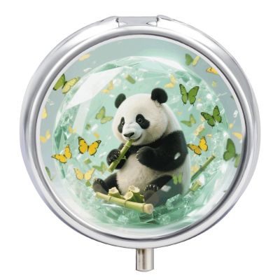 Green Crystal Storm Panda Pill Case with Mirror Retro 3 Compartment Small Pill Organizer Metal Round Pill Box Or Vitamins Fish Oil Supplements Pill Container Travel for Purse Pocket