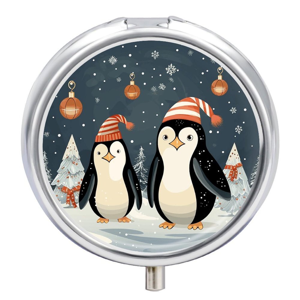 Merry Christmas Penguins Pill Box 3 Compartment Small Pill Case Travel Round Pill Box Portable for Pocket Or Purse Pill Organizer Pill Container Holder to Hold Vitamins