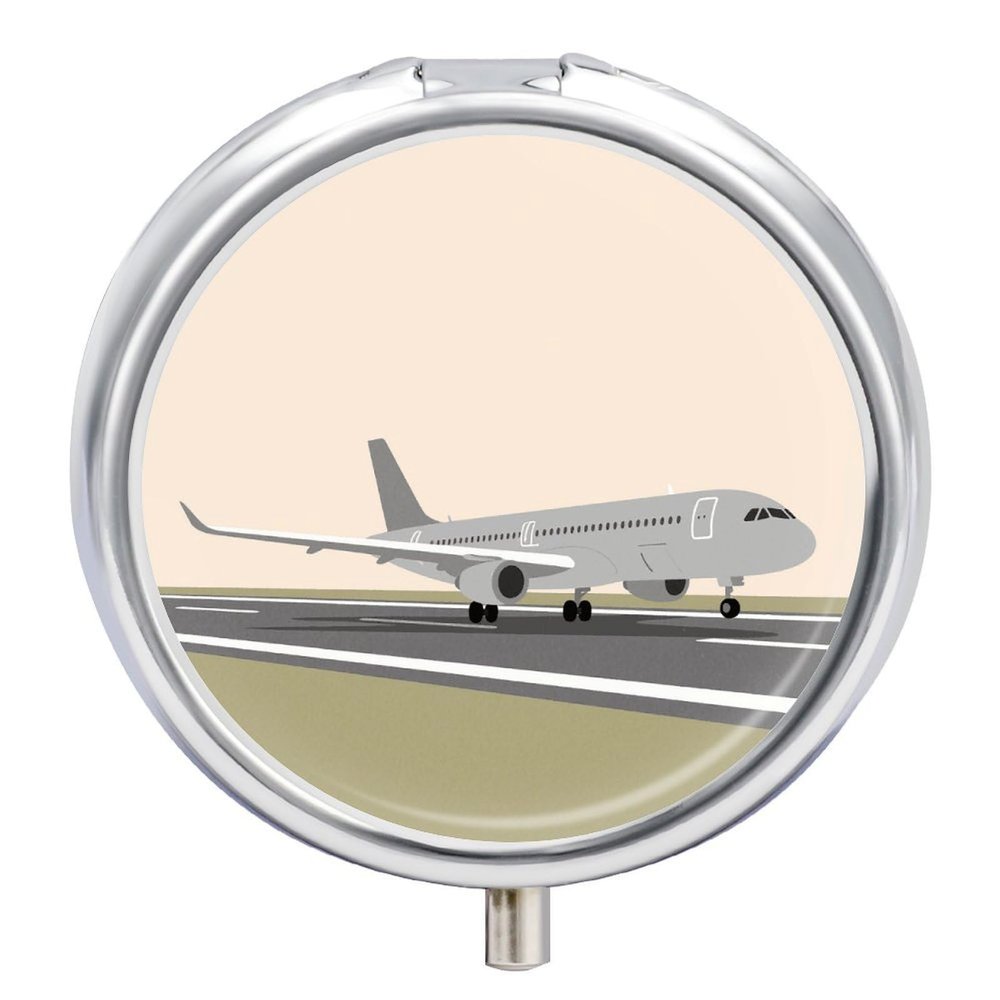 Airplane on Airport Pill Case with Mirror Retro 3 Compartment Small Pill Organizer Metal Round Pill Box Or Vitamins Fish Oil Supplements Pill Container Travel for Purse Pocket