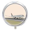Airplane on Airport Pill Case with Mirror Retro 3 Compartment Small Pill Organizer Metal Round Pill Box Or Vitamins Fish Oil Supplements Pill Container Travel for Purse Pocket view 1