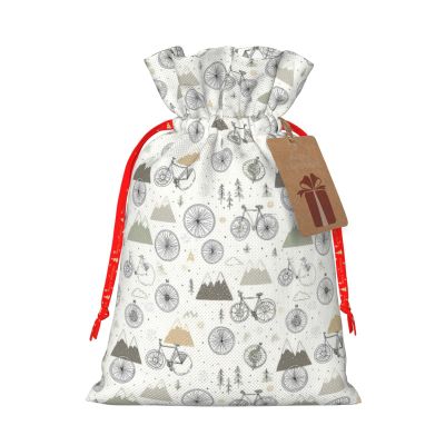 Fuzquwu Bicycle Pattern Christmas Gift Bag, Drawstring Gift Bags For Holidays, Birthday, Party Favors With Kraft Paper Tag