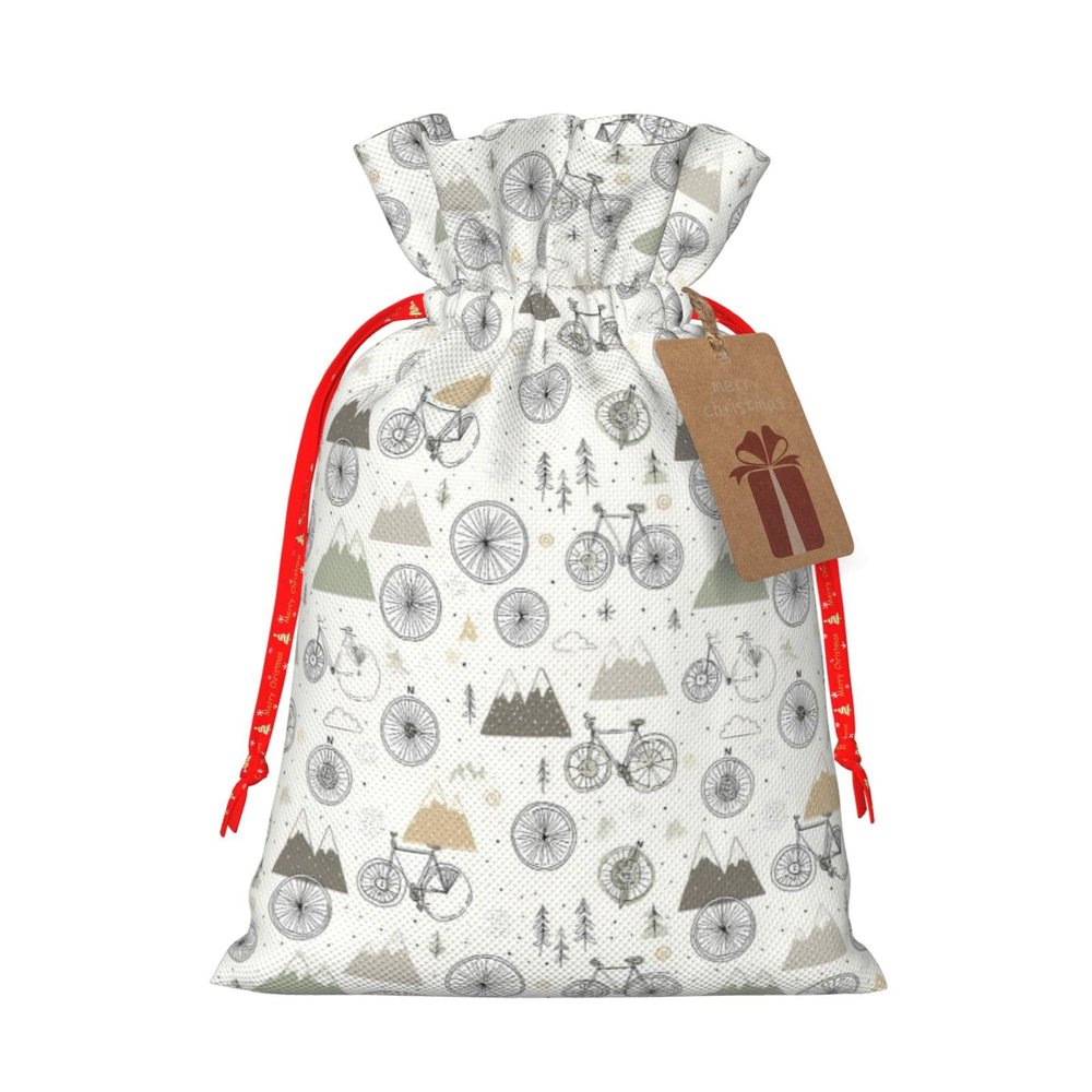 Fuzquwu Bicycle Pattern Christmas Gift Bag, Drawstring Gift Bags For Holidays, Birthday, Party Favors With Kraft Paper Tag
