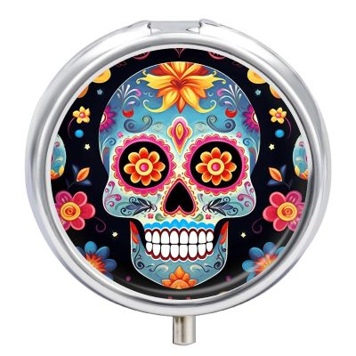 Sugar Skulls Pill Box 3 Compartment Small Pill Case Travel Round Pill Box Portable for Pocket Or Purse Pill Organizer Pill Container Holder to Hold Vitamins