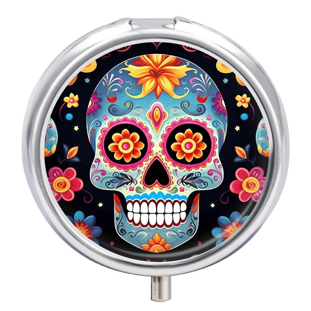 Sugar Skulls Pill Box 3 Compartment Small Pill Case Travel Round Pill Box Portable for Pocket Or Purse Pill Organizer Pill Container Holder to Hold Vitamins