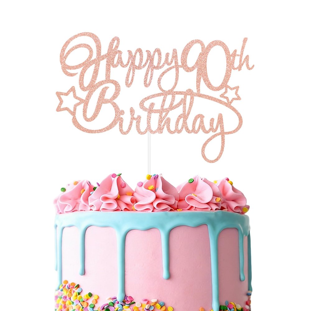 Happy 90th Birthday Cake Topper Rose Gold Glitter Double-sided 90 Fabulous Cake Decoration, Cheers to 90 Years Birthday Cake Pick for Women, 90th Birthday Anniversary Party Supplies