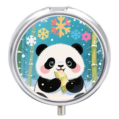 Color Snow Panda Pill Case with Mirror Retro 3 Compartment Small Pill Organizer Metal Round Pill Box Or Vitamins Fish Oil Supplements Pill Container Travel for Purse Pocket