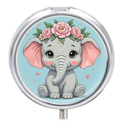 Cute Flower Elephant Pill Case with Mirror Retro 3 Compartment Small Pill Organizer Metal Round Pill Box Or Vitamins Fish Oil Supplements Pill Container Travel for Purse Pocket