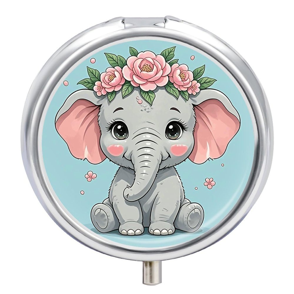 Cute Flower Elephant Pill Case with Mirror Retro 3 Compartment Small Pill Organizer Metal Round Pill Box Or Vitamins Fish Oil Supplements Pill Container Travel for Purse Pocket