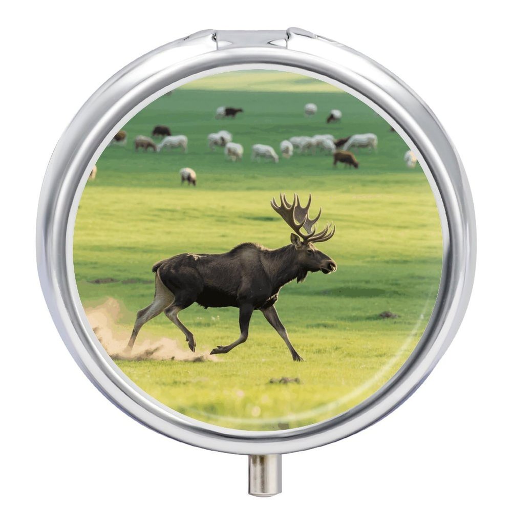 Moose Pill Case with Mirror Retro 3 Compartment Small Pill Organizer Metal Round Pill Box Or Vitamins Fish Oil Supplements Pill Container Travel for Purse Pocket