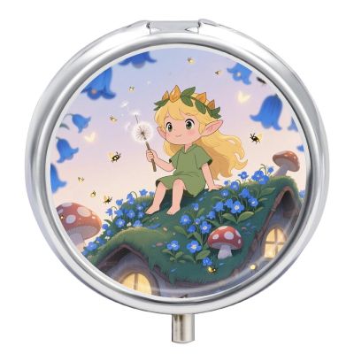 Blonde Elf Holding A Magic Wand Pill Case with Mirror Retro 3 Compartment Small Pill Organizer Metal Round Pill Box Or Vitamins Fish Oil Supplements Pill Container Travel for Purse Pocket