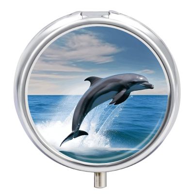 Jumping Up Dolphins Pill Box 3 Compartment Small Pill Case Travel Round Pill Box Portable for Pocket Or Purse Pill Organizer Pill Container Holder to Hold Vitamins