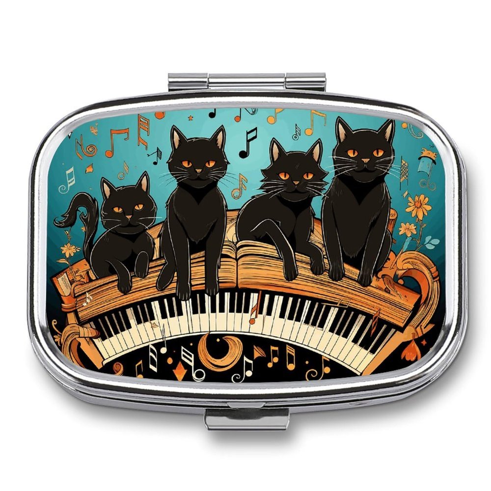 Square Cats on The Piano Pill Organizer Pill Box 3 Compartment Portable Travel Medicine Case Daily Mini Compact Medicine Container Storage Vitamin Supplement Dispenser