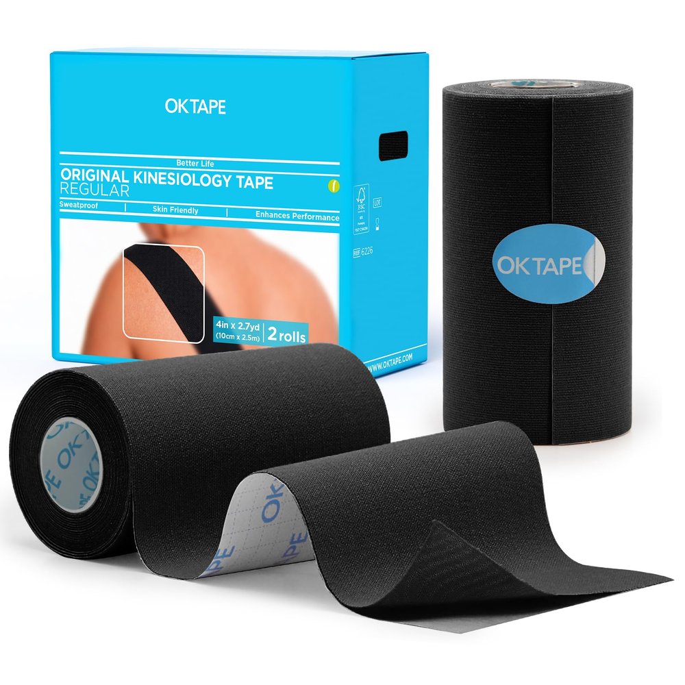 OK TAPE Extra Wide Kinesiology Tape, 4 Inch Body Tape, Elastic Physical Therapy Athletic Tape for Pain Relief & Joint Support, Latex Free | Back, Shoulder, Knee (8 ft x 2 Rolls) Black