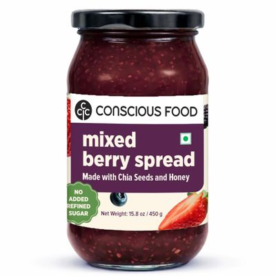 Conscious Food Mixed Berry Jam | 15.8 oz | Real Fruits (Strawberry, Blueberry, Mulberry) | Sweetened with Forest Honey | No Refined Sugar, No Artificial Preservatives | Healthy Jam