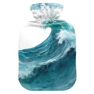 OTVEE Coastal Wave Design Hot Water Bottle with Cover, BPA Free PVC 1L Small Hot Water Bag for Pain Relief Menstrual Cramp Sore Muscles Hot and Cold Compress Therapy