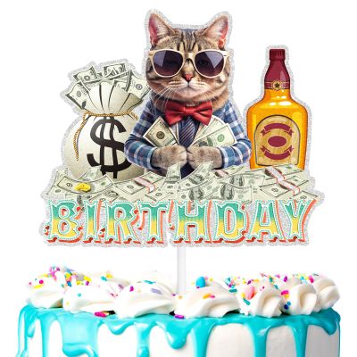 Funny Cat Cake Topper for Boys Girls Cat Pet Birthday Party Supplies Meow Birthday Party Money Decorations Kitty Kitten Cute Fun Cat Face Happy Birthday Decorations
