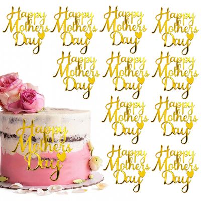 10 PCS Gold Happy Mothers Day Cake Toppers Mirror Side Cake Toppers DIY Acrylic Cake Inserts Celebration Mom's Birthday Party Event Cupcake Decorations