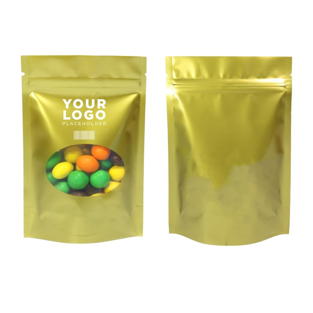 100PCS Customized Resealable Packaging Bag with Clear Windows,Stand Up Food Storage Pouch Smell-proof Sample Bag for Small Business (Gold, 16 * 22 * 8CM/6.3"*8.7"*3.2"-100PCS-One Side Print)