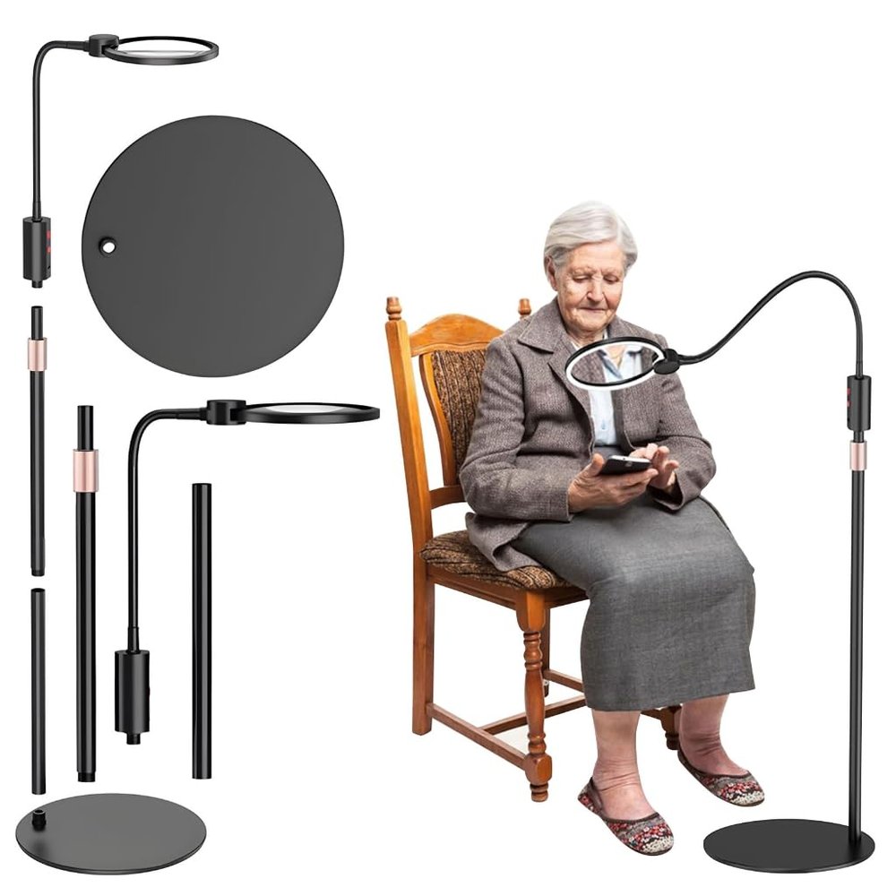 10X 30X Round Floor Magnifying Glass with Light and Stand,48W LED Flexible Magnifying Lamp with 3 Color Modes, 2-in-1 Lighted Hands Free Magnifiers for Close Work, Sewing,Crafts,Manicuring and Reading