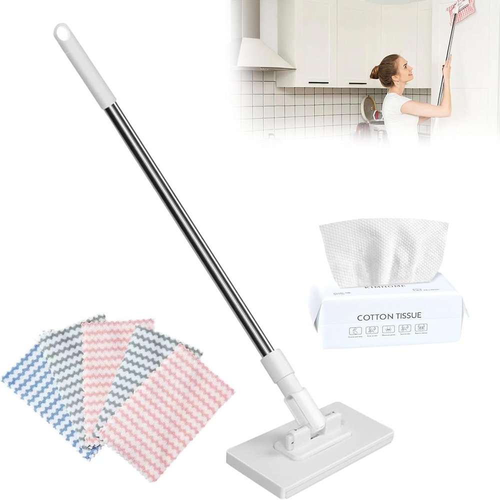 Extendable Cleaning Mop with Reusable Washable Microfiber Pad, No Hand Wash Design for Walls, Cabinets, High Places (One mop+5 Cloths)