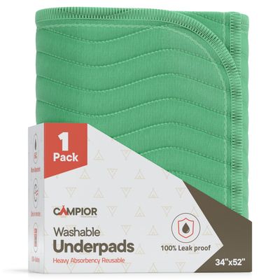 Washable Underpads Extra Large 34"x52" (Pack of 1) Reusable Waterproof Bed Pads for Adults & Seniors, Extra Heavy Absorbency Incontinence & Bedwetting Pads, Soft, Green.