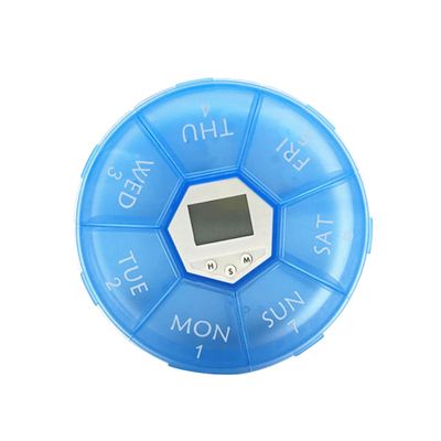 FRCOLOR 7-Compartment Pill Organizer Box with Electronic Alarm Reminder, Portable Weekly Medicine Dispenser for Patients, Travel-Friendly Blue Medication Case with Scheduled Notification