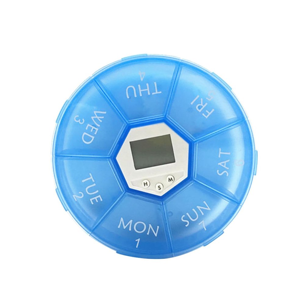 FRCOLOR 7-Compartment Pill Organizer Box with Electronic Alarm Reminder, Portable Weekly Medicine Dispenser for Patients, Travel-Friendly Blue Medication Case with Scheduled Notification
