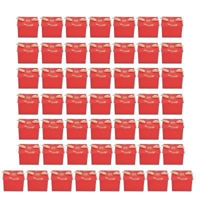 50Pcs Square Wedding Candy Box with Golden Ribbon, Elegant Paperboard Gift Box for Party Anniversary, European Style Chocolate Box for Weddings Birthdays Christmas, Includes 50 Rib (Large red gold feathers [gold wings])