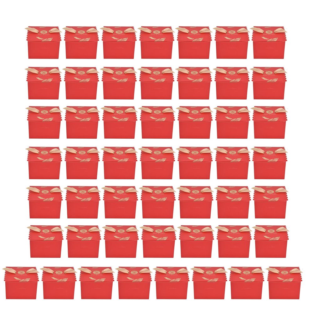 50Pcs Square Wedding Candy Box with Golden Ribbon, Elegant Paperboard Gift Box for Party Anniversary, European Style Chocolate Box for Weddings Birthdays Christmas, Includes 50 Rib (Large red gold feathers [gold wings])