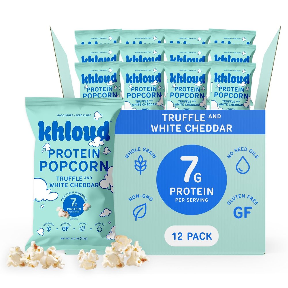 Khloud Protein Popcorn - Truffle & White Cheddar - 7g Protein Snacks for Adults & Kids - Flavored Popcorn Made with Real Ingredients & Milk Protein Isolate - Non-GMO, Gluten-Free, Kosher - 4oz, 12pk
