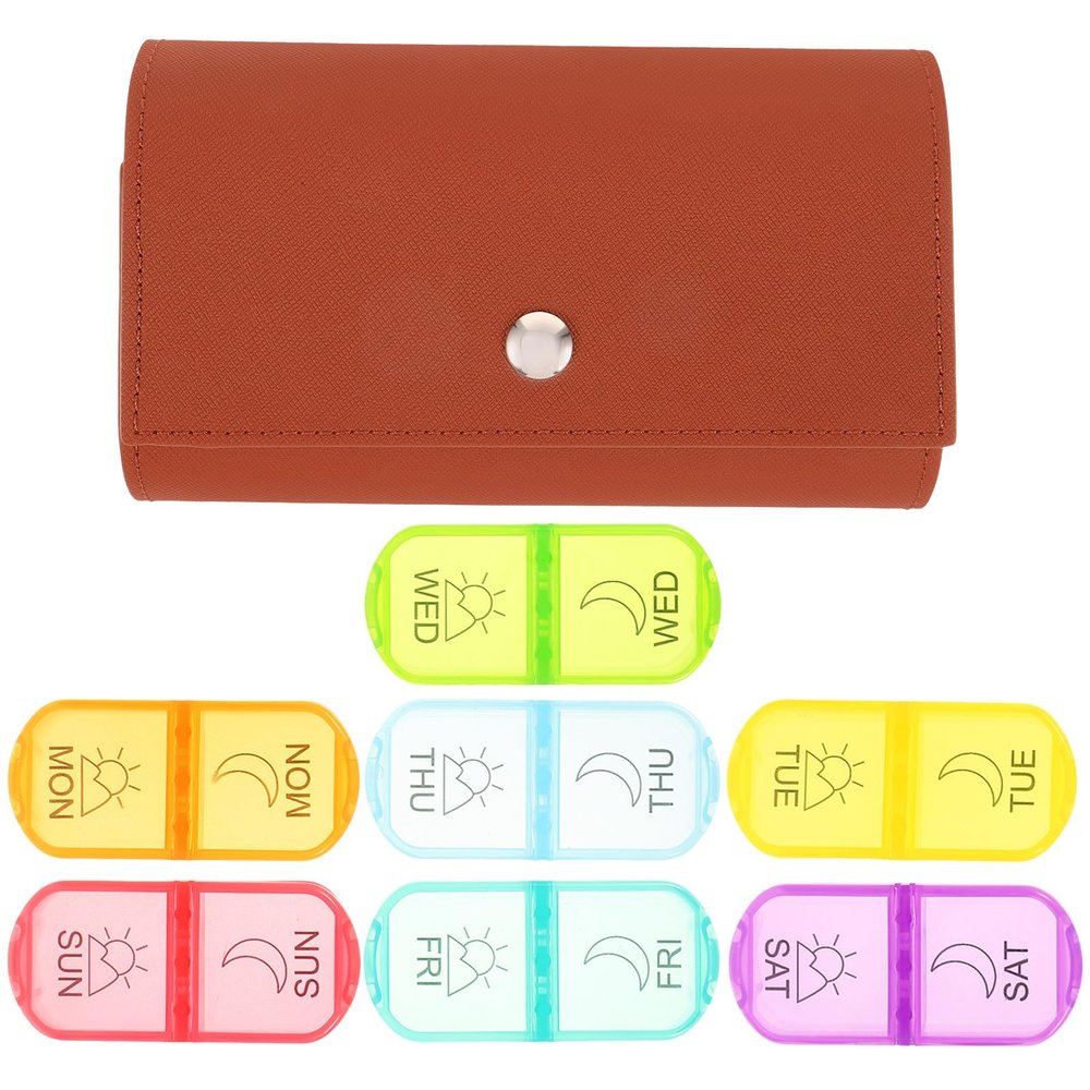 Veemoon Weekly Medicine Organizer Pill Case with Removable Compartments, Dustproof and Moisture-Resistant Plastic Storage Box for Travel, Brown Portable Pill Holder for Daily Medication