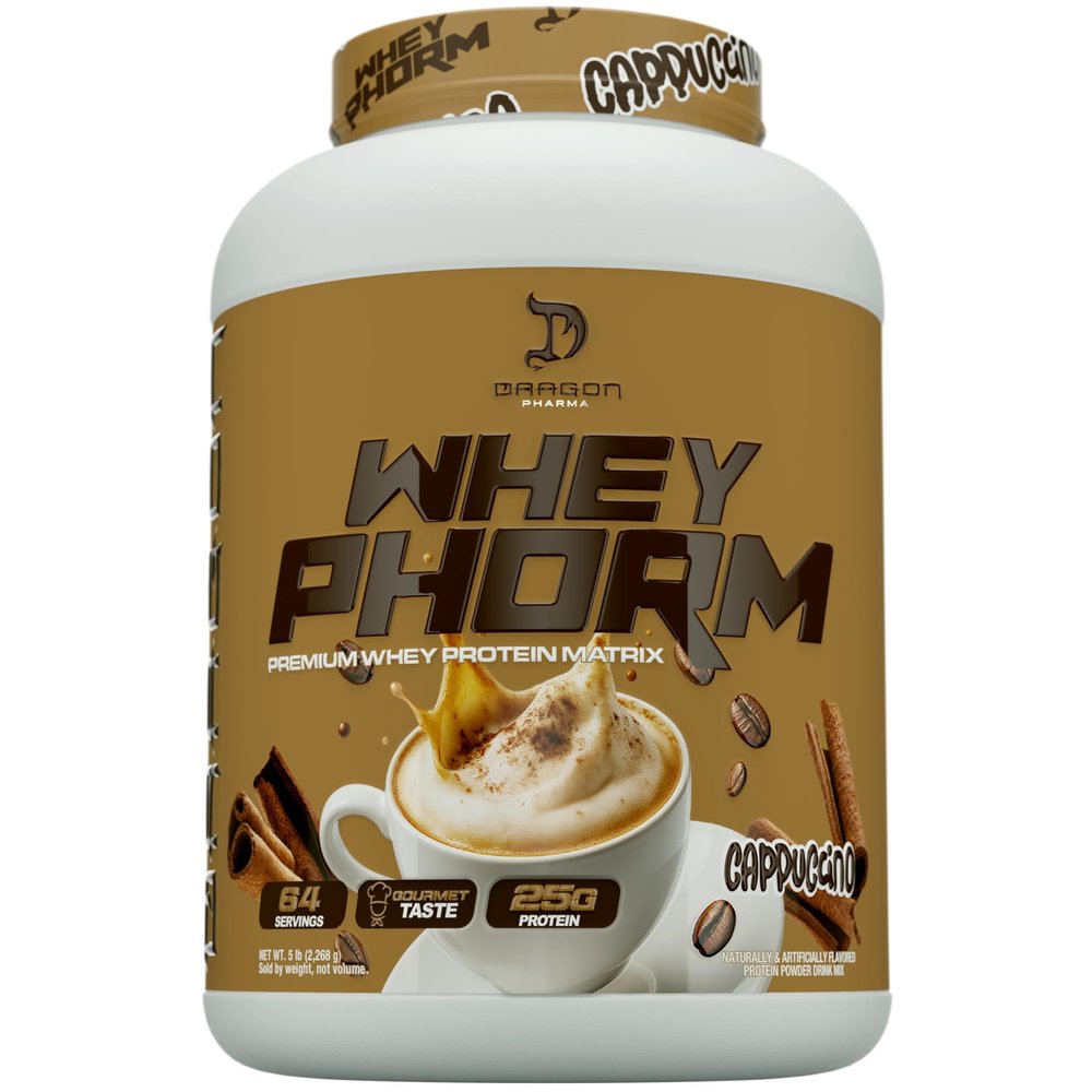 DRAGON PHARMA WheyPhorm, Whey Protein Blend, Fast Absorption, Gluten Free, Premium Whey Protein Matrix, Maximize Recovery, Great Tasting, 25 Grams of Protein (5lb, Cappuccino)