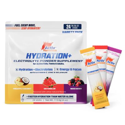 ActivYummies Hydration+ Electrolyte Drink Mix Variety, 24 Stickpacks, with Vitamin C, Zinc & Selenium, Antioxidant, Energy, Muscle Recovery & Focus Support, Keto, Gluten Free, Vegan, Non-GMO