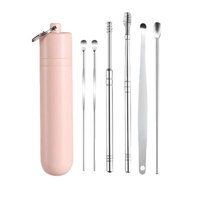 6 Counts Ear Wax Removal Tool Set With Storage Tube, Stainless Steel Spiral Ear Massage Cleaning Tool Metal Ear Cleaner (Pink Glue Tube - 6-Piece Ear Pick Set - Silver)