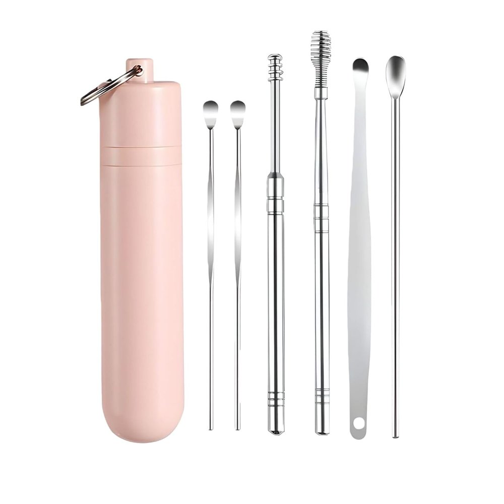 6 Counts Ear Wax Removal Tool Set With Storage Tube, Stainless Steel Spiral Ear Massage Cleaning Tool Metal Ear Cleaner (Pink Glue Tube - 6-Piece Ear Pick Set - Silver)