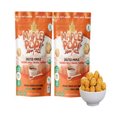 Maple Pop - Organic Maple Caramel Popcorn Low Sugar, High Fiber, Air Popped, Vegan & Gluten Free Made with Real Maple Syrup (Salted maple, Pack of 2)
