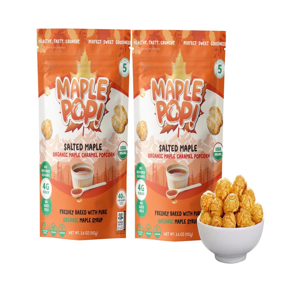 Maple Pop - Organic Maple Caramel Popcorn Low Sugar, High Fiber, Air Popped, Vegan & Gluten Free Made with Real Maple Syrup (Salted maple, Pack of 2)