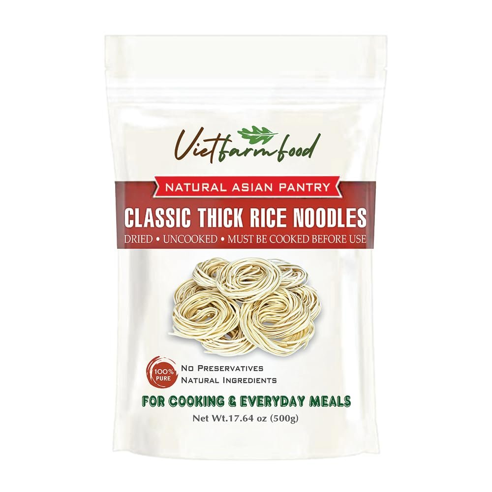 CLASSIC THICK RICE NOODLES 17.64 Oz (500g) VIETFARMFOOD - Traditional Dried Vietnamese Rice Noodles - Soft and Pleasantly Chewy Texture