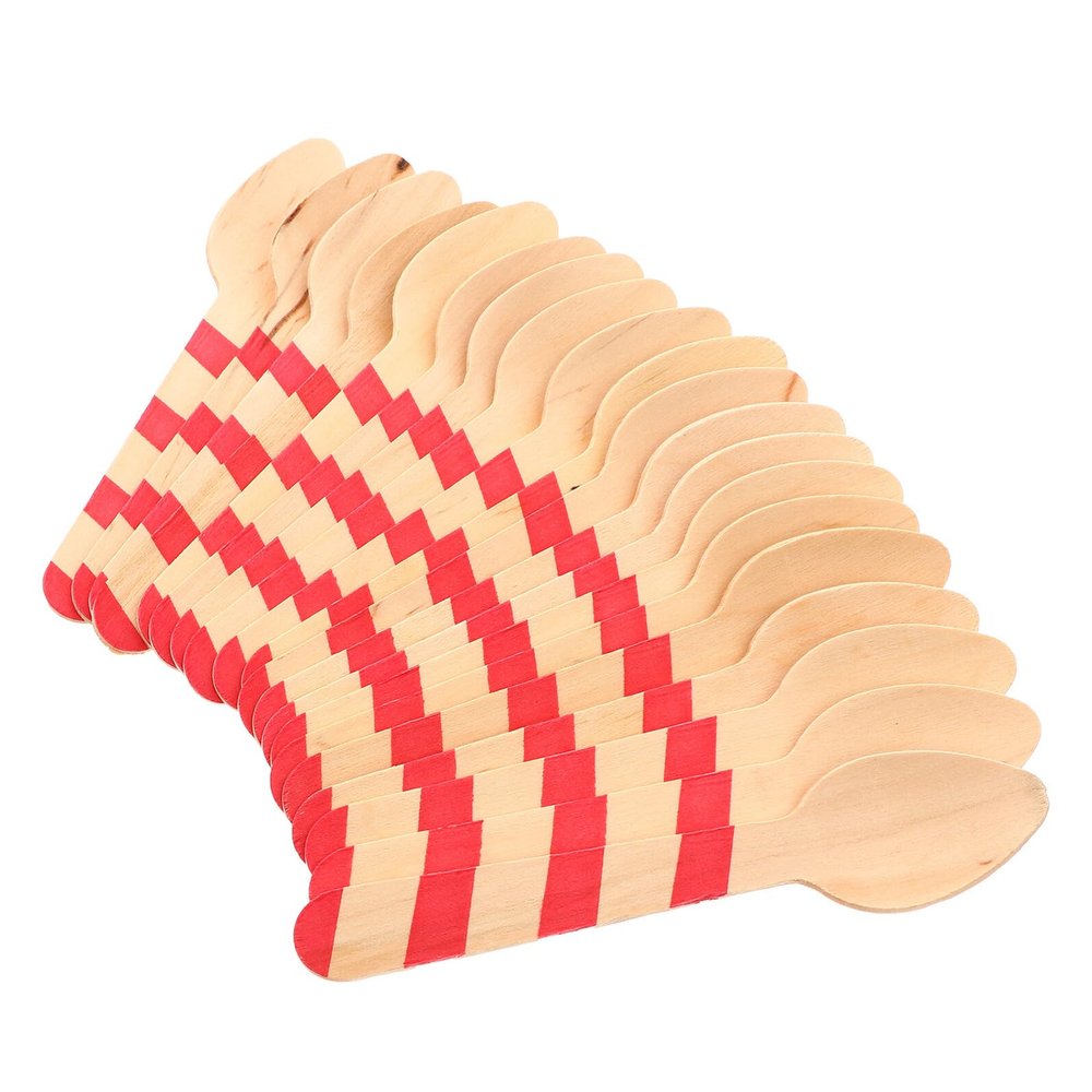 INOOMP Disposable Wooden Dessert Spoons 20pcs 10cm Mini Red Stripe Wood Taster Spoons for Ice Cream Cake Sampling and Party Use