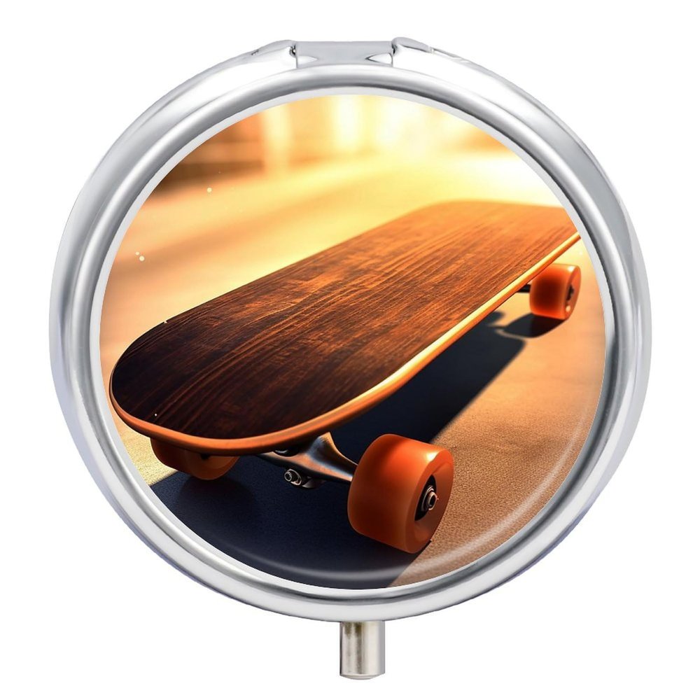 Pill Box 3 Compartment Metal Medicine Pill Organizer Skateboard Pill Case for Purse Or Pocket Cute Mini Portable Pill Holder Travel Pill Container to Hold Supplements, Vitamins, Fish Oil