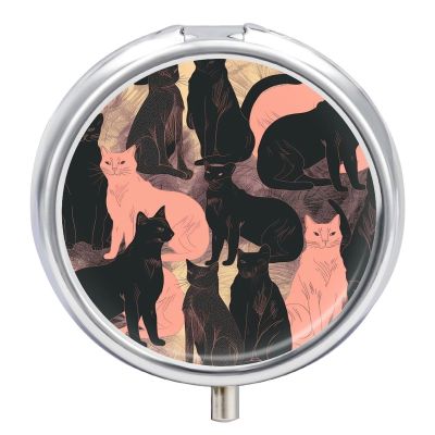 Pill Box 3 Compartment Metal Medicine Pill Organizer Cat Silhouette Pill Case for Purse Or Pocket Cute Mini Portable Pill Holder Travel Pill Container to Hold Supplements, Vitamins, Fish Oil