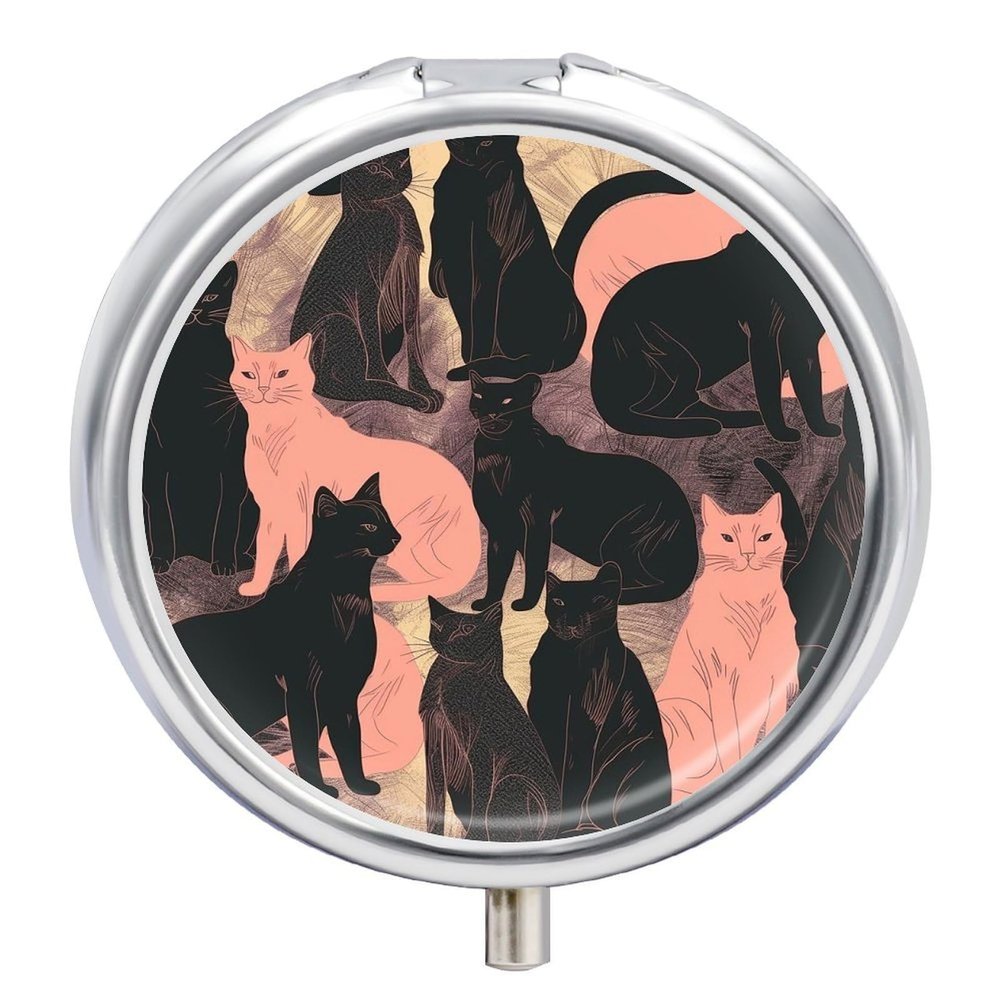 Pill Box 3 Compartment Metal Medicine Pill Organizer Cat Silhouette Pill Case for Purse Or Pocket Cute Mini Portable Pill Holder Travel Pill Container to Hold Supplements, Vitamins, Fish Oil