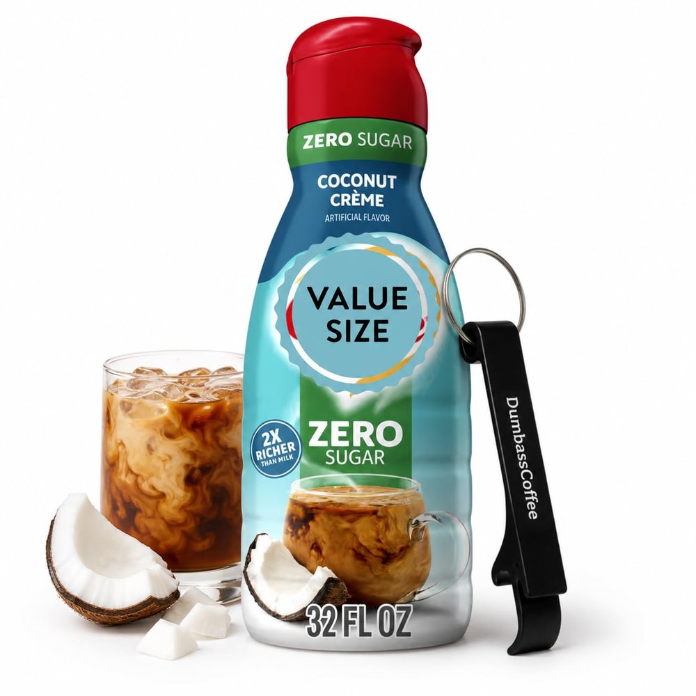 Premium Liquid Coffee Creamer, 32 fl oz Liquid Non-Dairy Creamer for Coffee with Dumbass Coffee Bottle Opener Keychain (Zero Sugar Coconut Creme) Keychain