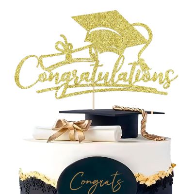 Congratulations Cake Topper, Gold Glitter Congrats Grad Cake Topper with Graduation Cap and Diploma for 2026 Graduation Party Celebration