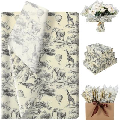 100 Sheets Africa Animals Tissue Paper, Chinoiserie Toile de Jouy Seamless Pattern Art Crafts Paper Elephant Giraffe Balloons Tissue for Birthday Baby Shower Supplies, 13.8'' x 19.7'' (Retro)